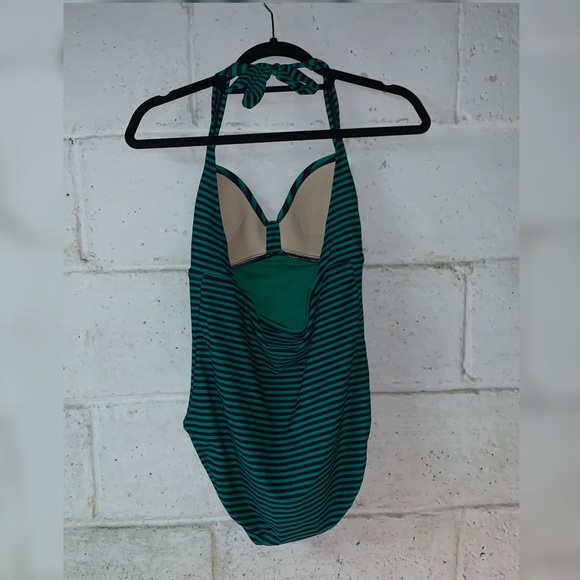 Super Cute Navy & Green Striped One Piece Swimsuit - Picture 2 of 2